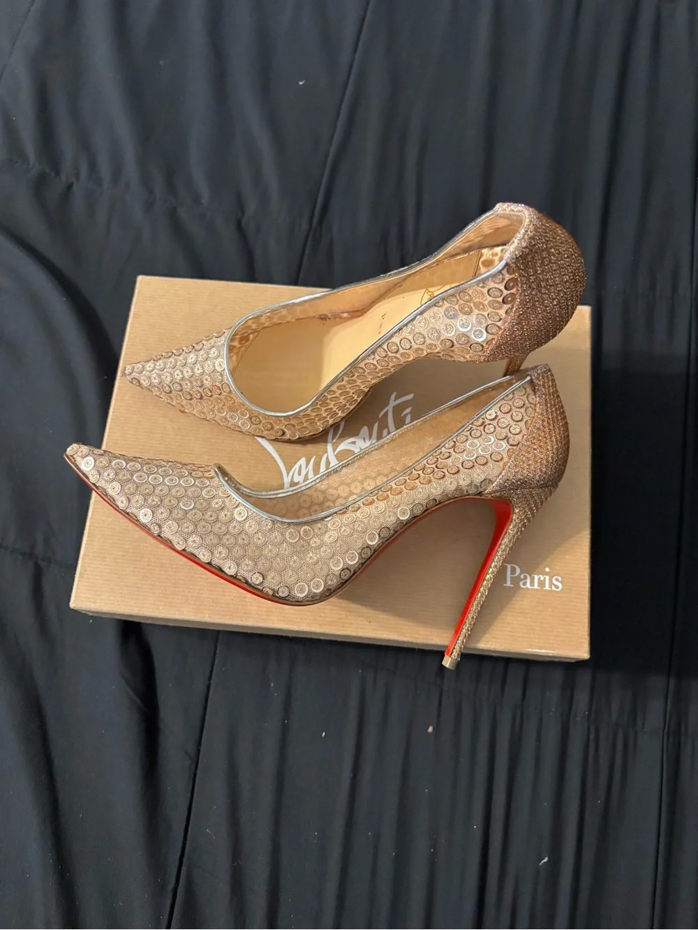 Christian Louboutin Gold Sequin Pointed Toe Stiletto Pumps